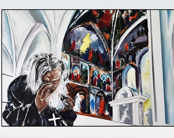 Worship  Church Acrylic Painting Priest in Church  Worship Painting Original Fine Art Painting with Realistic Portraits of People on Canvas