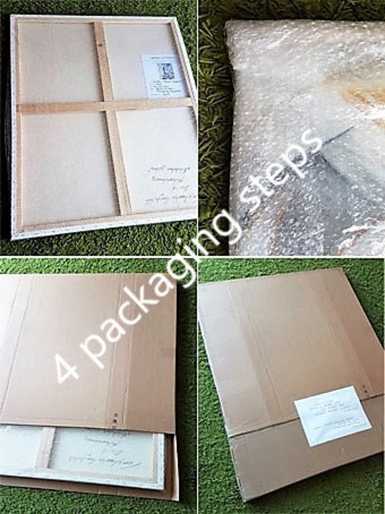 May include: Four steps of packaging a painting on canvas. The first step shows the canvas wrapped in bubble wrap. The second step shows the canvas in a cardboard box. The third step shows the box being taped shut. The fourth step shows the box ready to be shipped.