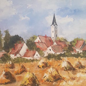 Rural Life in Transylvania, Unique Oil Painting on Canvas, Vintage Window Frame Wall Hanging Original Paintings of Country