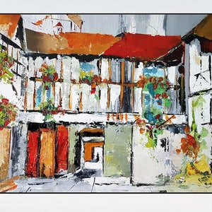 Pátio interno Pintura a óleo em tela de papelão Belas artes Decoração de casa moderna Pinturas a óleo de paisagem urbana para decoração de parede de escritório Trabalho de arte decorativa