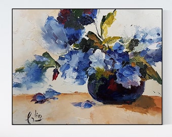 Original Blue Flowers Oil Painting Still Life on Canvas (10x12 in)
