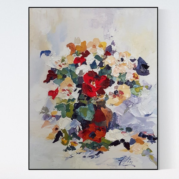 Nature morte aux anémones colorées ~ Peinture à l’huile originale signée par un artiste avec certificat d’authenticité Fine Artwork, fleurs dans un vase