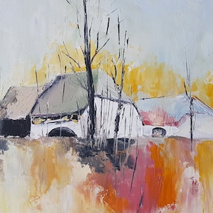 Finales de otoño pintura rural paisaje pintura al óleo pintura de la tierra minimalista arte de la pared árboles el campo paisaje rural pintura regalo de cumpleaños