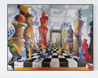 Original Abstract Chess Oil Painting: Colorful Living Room Decor