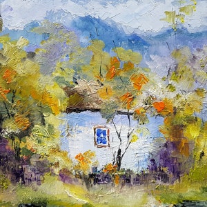 Pintura al óleo original sobre lienzo de cartón con colores de otoño y montaña, obra de arte grande para colgar sobre el sofá, colorida para colgar en la pared