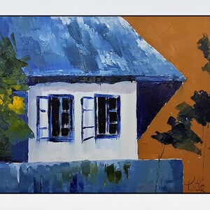 Casa azul, pintura al óleo de paisaje rural de Transilvania, decoración de pared, arte minimalista en cartón, obra de arte contemporánea, decoración del hogar hecha a mano