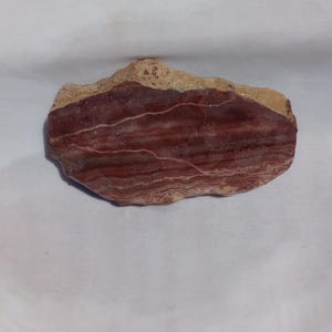 May include: A natural stone specimen with a layered pattern of deep red and white bands. The stone has a rough, textured surface and a light tan edge. The stone is displayed on a white background.