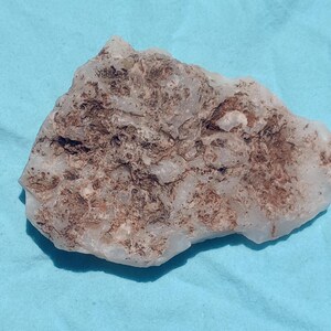 May include: A rough, irregularly shaped rock with a light beige and brown mottled pattern. The rock is set against a light blue background, creating a contrast in color and texture. The stone appears to be a natural mineral specimen.