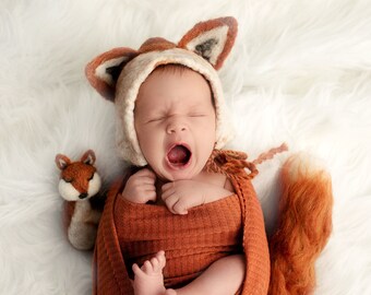 Newborn Fox Set; Felted Fox Hat; Fox Tail; MADE TO ORDER; Needle Felted Fox Stuffy; Newborn Photo Props; Sewn Fox Romper