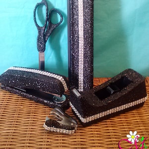 Black Glitter Office Supplies, 5-Piece Set, (Your Choice of Color), Bling Office Supplies, 3 Hole Punch, Stapler, Tape Dispenser, Scissors