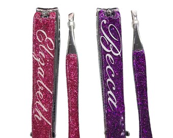 ONE Epoxy Sealed Custom Glitter Nail Clippers and Tweezer Set with Personalized Name on Clippers, Bling Make-Up Tools, Custom Manicure Tools