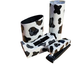 Glitter Cow Print Office Supplies with Matching 20oz Stainless Steel Tumbler, Cow Theme Office Decor, Cow Themed Classroom Decorations