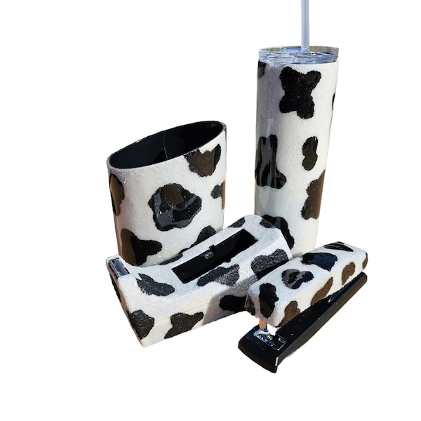 Glitter Cow Print Office Supplies with Matching 20oz Stainless Steel Tumbler, Cow Theme Office Decor, Cow Themed Classroom Decorations