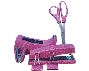 PINK Glitter Office Supplies, Pink Office Set, Tape Dispenser, Stapler, Scissors, Teacher Desk, Glitter Office Supplies, Desk Accessories