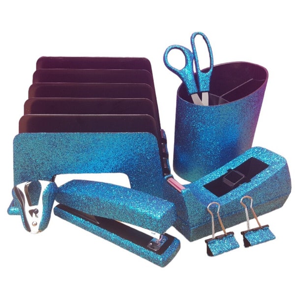 Blue Turquoise GLITTER Office Supplies, 10Piece Desk Set, School Supplies, Teacher Supplies, Turquoise Office Supplies, Blue Office Supplies