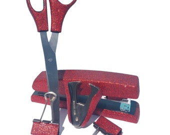 Red Glitter Office Supplies, Red Tape Dispenser, Red Stapler, Red Staple Remover, Red Binder Clips, Classroom Decor, Glitter Office Supplies