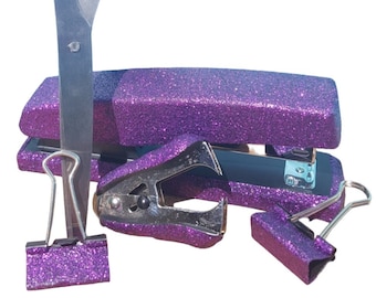 PURPLE Glitter Office Supplies, Purple Office Set, Tape Dispenser, Stapler, Scissors, Classroom Decor, Purple Office Supplies, Teacher Gift