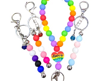 ONE Rainbow Silicone Bead Wristlet Keychain or LGBTQ Pride Flag Keychain with Claw Clip, Accessories for Car and House Keys, Keychain Strap