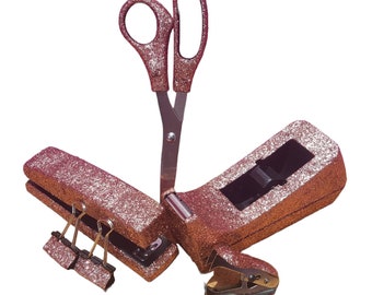 Rose Gold Glitter Office Supplies, Rose Gold Tape Dispenser, Rose Gold Stapler, Rose Gold Staple Remover, Glitter Office Supplies