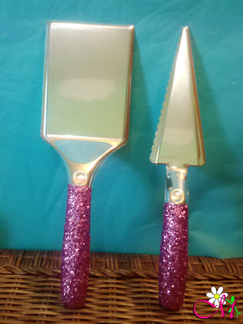 Bridal Shower Your Choice of Color Plastic Cake Server Set with Glitter Handles, Wedding Reception Cake Server Set