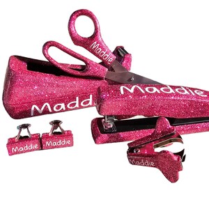 Personalized Pink Glitter Office Supplies, Custom Pink Office Set with Name, Pink Tape Dispenser, Pink Stapler, Pink Scissors, Office Decor image 5