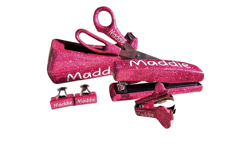 Personalized Pink Glitter Office Supplies, Custom Pink Office Set with Name, Pink Tape Dispenser, Pink Stapler, Pink Scissors, Office Decor image 5