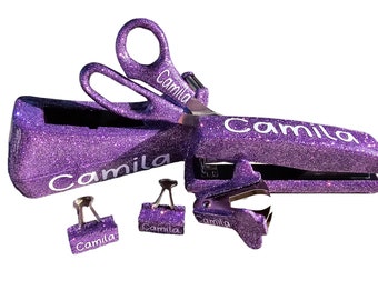 Personalized Purple Glitter Office Supplies, Custom Purple Office Set with Name, Purple Tape Dispenser, Purple Stapler, Purple Scissors