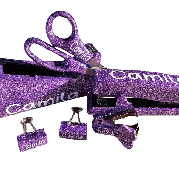 Personalized Purple Glitter Office Supplies, Custom Purple Office Set with Name, Purple Tape Dispenser, Purple Stapler, Purple Scissors