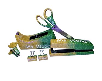 Custom Ombre Glitter Office Supply Set, Personalized Office Supplies with Name, Sparkly Tape Dispenser, Bling Stapler, Teacher Scissors