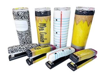 One Epoxy Stainless Steel Teacher Tumbler with Matching Stapler, Glitter Pencil Cup, Lined Paper Tumbler, Notebook Travel Mug, Teacher Gift