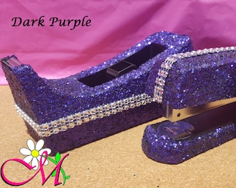 Purple Glitter Desk Stapler and Tape Dispenser Set, Office Supplies, (Standard Full Size), (Choice of Color), Blue Stapler, Purple Stapler