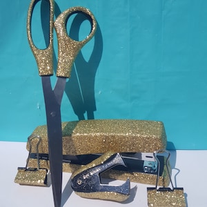 Gold Glitter Office Set, Gold Tape Dispenser, Gold Stapler, Gold Staple Remover, Gold Aesthetic Office, Nuetral Office Decor, Gold Desk