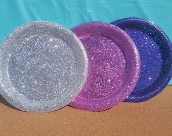 Glitter Plastic Dessert Plates, Single Use Party Plates, (Choice of Color), Pink Plastic Plates, Glitter Plates, Turquoise Plastic Plates