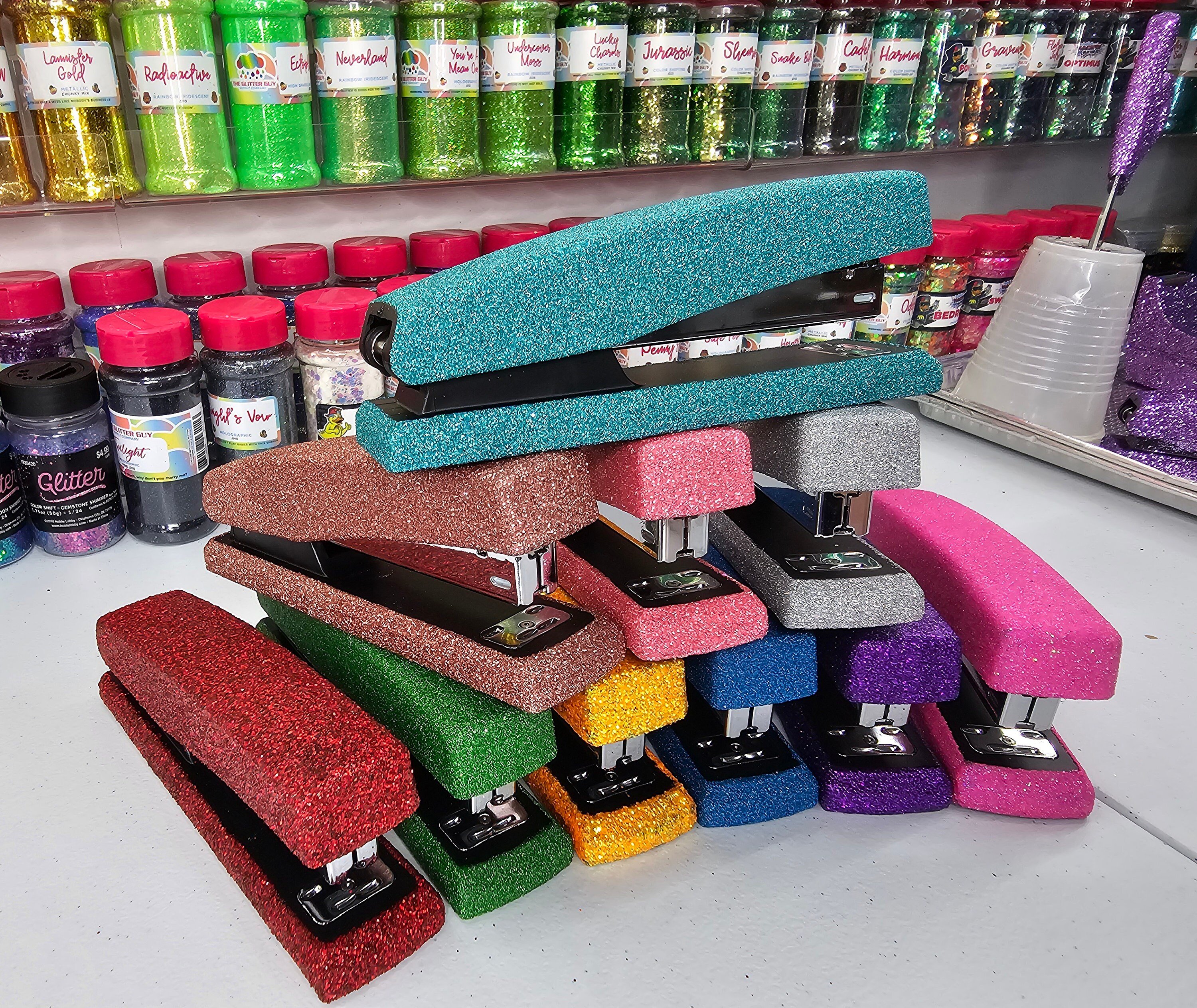 Small Spring Loaded Stapler Cute Colorful Glitter Stapler for School and Teachers, Full Size Spring ...