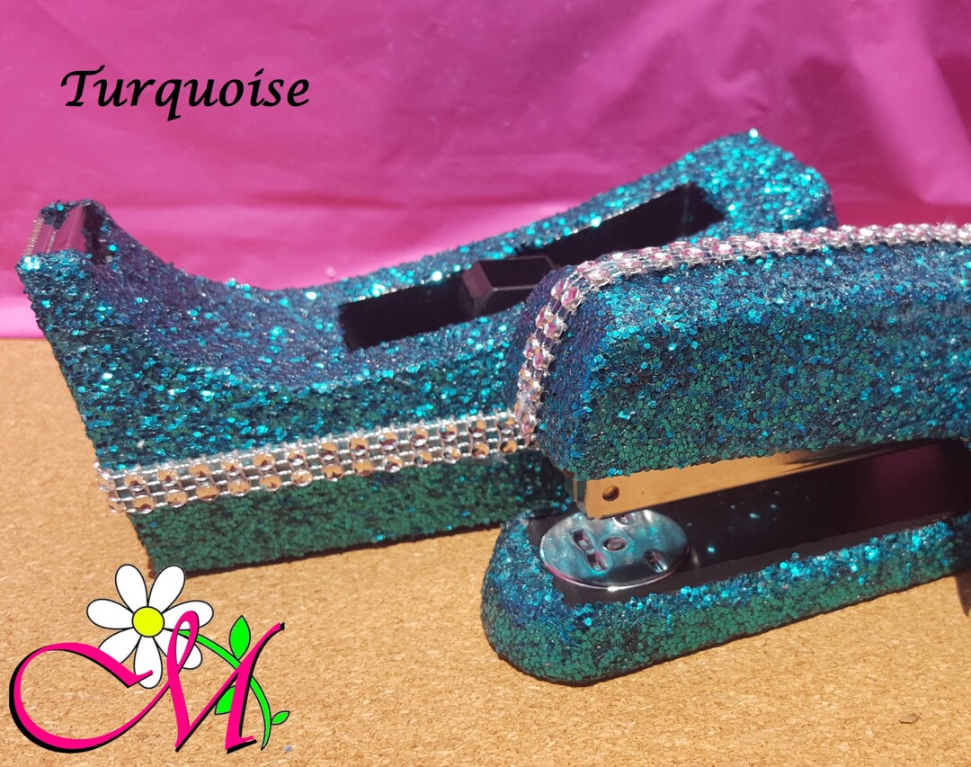 Turquoise Glitter Desk Stapler and Tape Dispenser Set, Desk Accessories