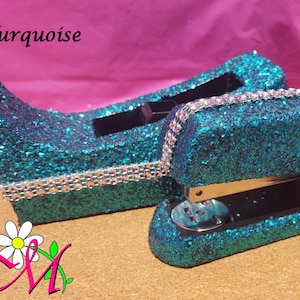 Turquoise Glitter Desk Stapler and Tape Dispenser Set, Desk Accessories, Office Supplies, (Your Choice of Color), Black Glitter Stapler