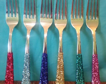 Silver Plastic Forks, Decorated with Glitter Handles, (Your Choice of Color), Pink Plastic Forks, Glitter Cutlery, Bridal Shower Forks