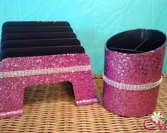 Glitter Incline Sorter and Large Pencil Holder Set, Glitter Office Supplies, Desk Accessories, Office Supplies, (Plastic) (Choice of Color)