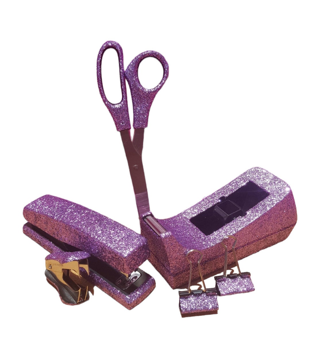 Light Purple Glitter Office Supplies, Violet Tape Dispenser, Violet