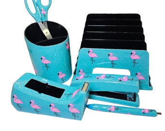 Custom Flamingo Aqua Glitter Office Supply Set, Personalized Office Supplies with Name, Sparkly Tape Dispenser, Bling Stapler, Teacher Gift