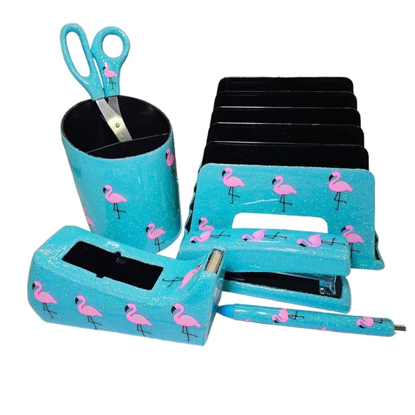 Custom Flamingo Aqua Glitter Office Supply Set, Personalized Office Supplies with Name, Sparkly Tape Dispenser, Bling Stapler, Teacher Gift