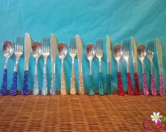 Plastic Silverware, Fork/Knife/Spoon Set (Silver) Decorated with Glitter Handles, (Your Choice of Color), Plasticware, Party Utensils