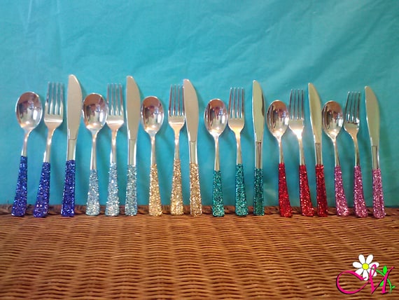 Plastic Silverware Fork knife spoon Set silver Decorated With Glitter Handles your Choice of Color Plasticware Party Utensils Etsy