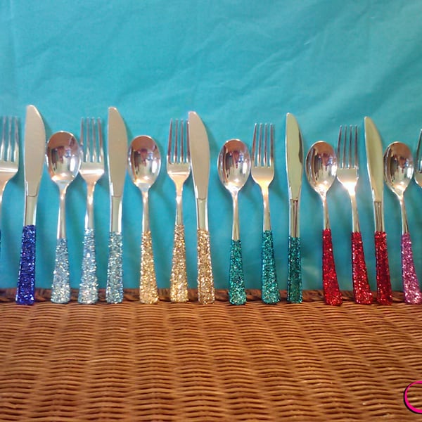 Plastic Silverware, Fork/Knife/Spoon Set (Silver) Decorated with Glitter Handles, (Your Choice of Color), Plasticware, Party Utensils