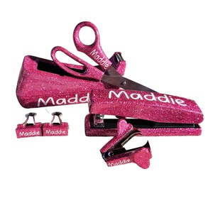 Personalized Pink Glitter Office Supplies, Custom Pink Office Set with Name, Pink Tape Dispenser, Pink Stapler, Pink Scissors, Office Decor image 1