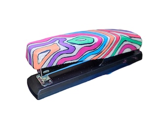 Epoxy Sealed Hand Painted Funky Colorful Thumbprint Squiggle Print Custom Glitter Stapler with Name, Personalized Teacher Office Supplies