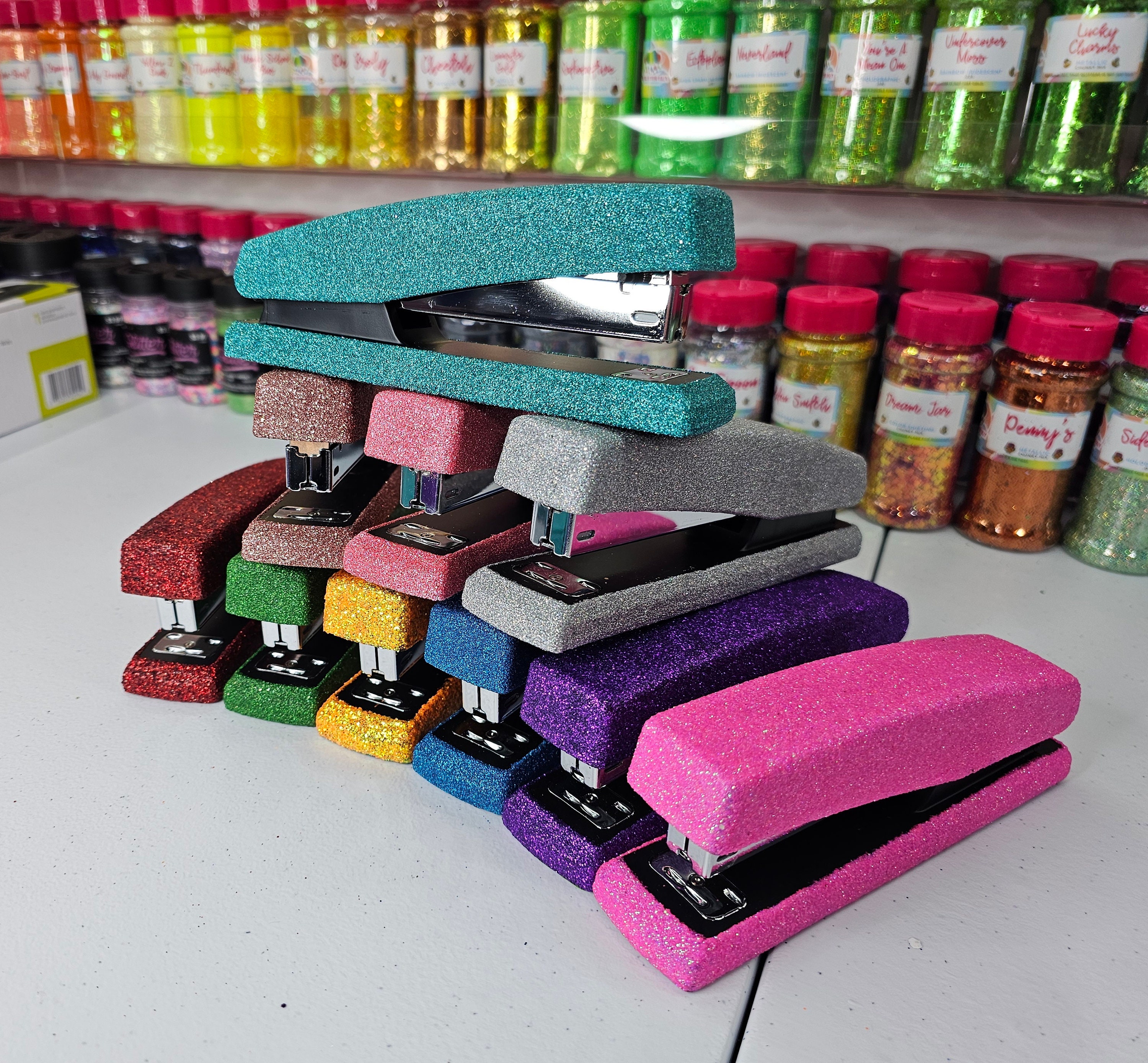 Small Spring Loaded Stapler Cute Colorful Glitter Stapler for School and Teachers, Full Size Spring ...