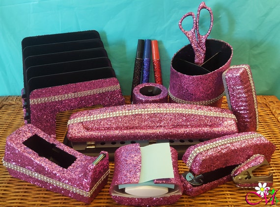 thumbnail image 2 of 10-Piece Bling Office Supplies Set - Crystal Desk Accessories Kit With Stapler, Scissors & More (Pink) 2 of 9