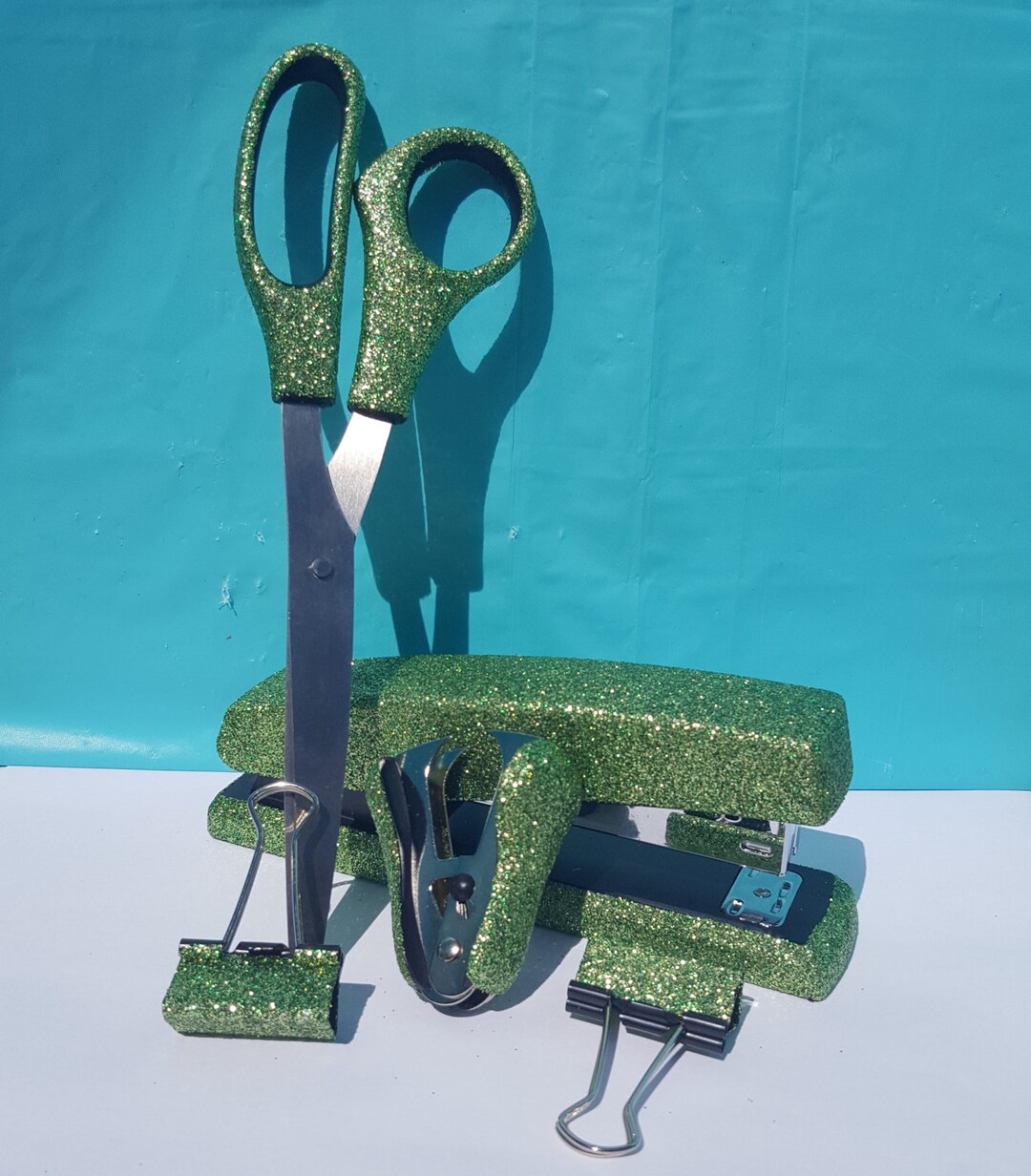 Green Glitter Office Supplies, Green Tape Dispenser, Green Stapler