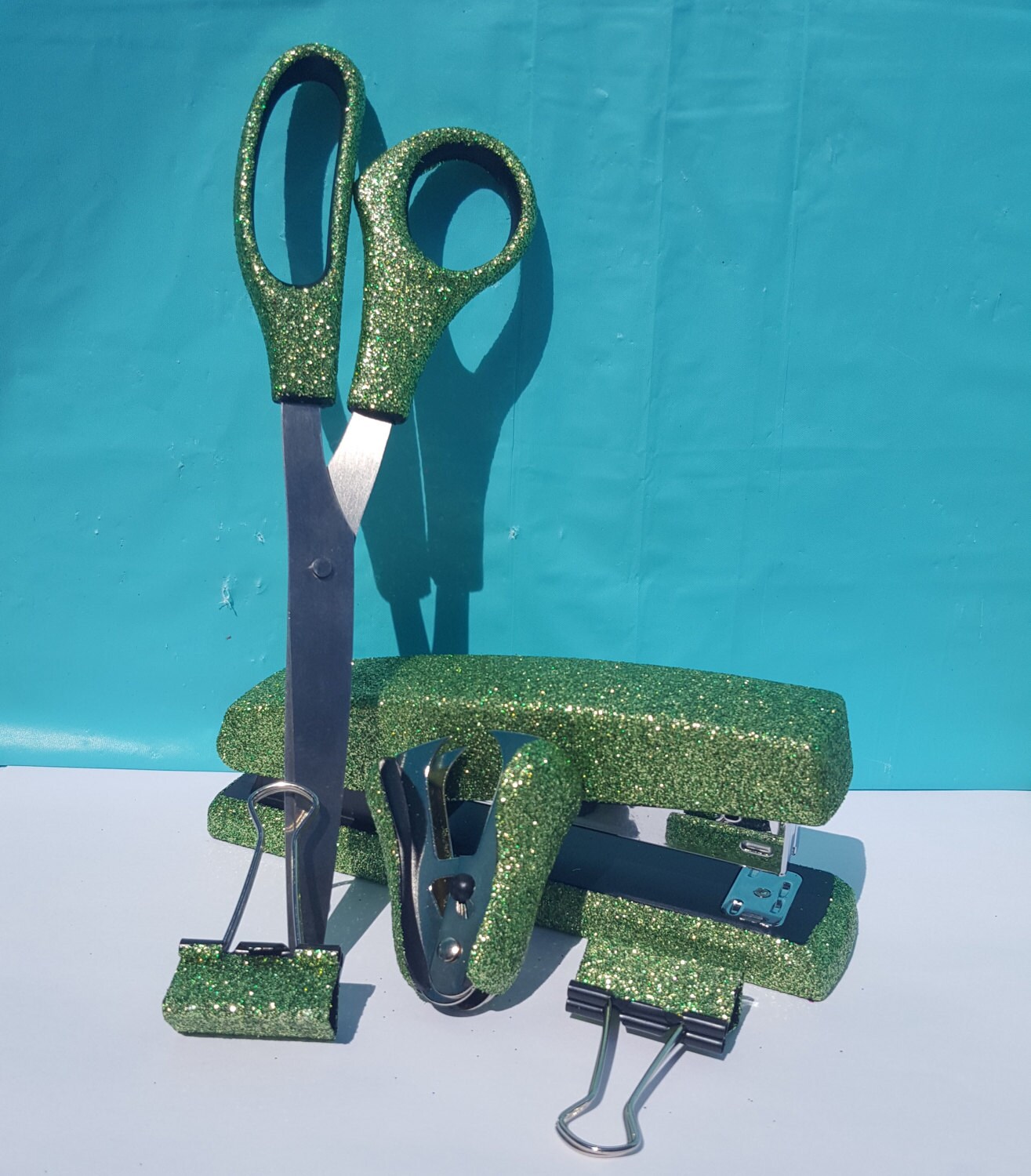 Green Glitter Office Supplies, Green Tape Dispenser, Green Stapler, Jade Office Supplies, Emerald Teacher Supplies, Glitter Office Supplies